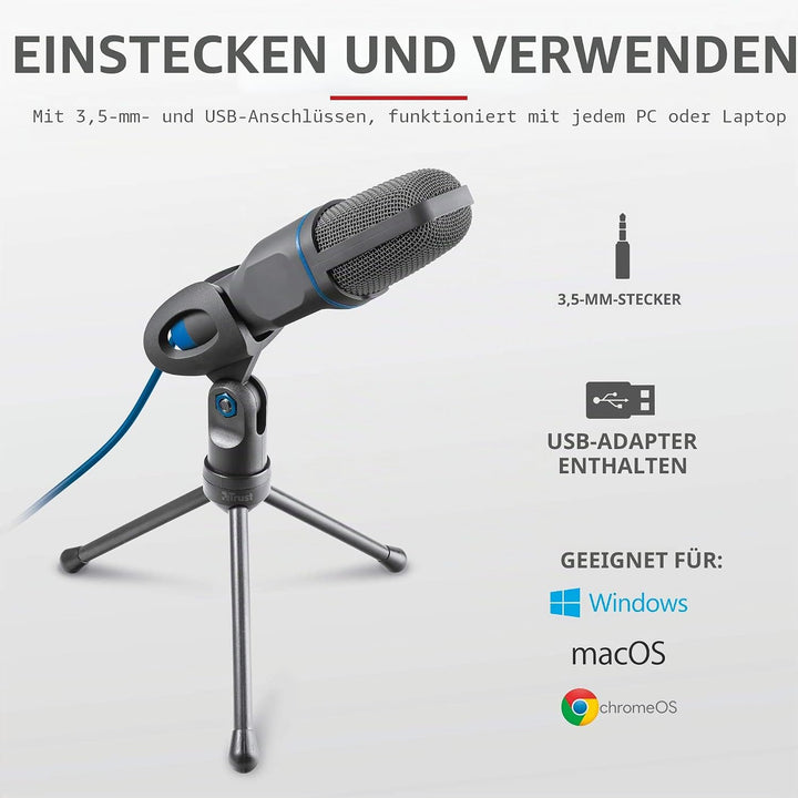 Trust Mico PC Mikrofon mit Kondensator und Stativ, Mit 3,5 mm und USB Anschluss, Plug and Play, Micr