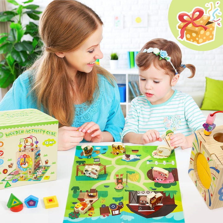 XIAPIA Montessori Aktivitätswürfel ab 1 Jahr, 7-in-1 Baby Lernspielzeug aus Holz mit Xylophon Sortie