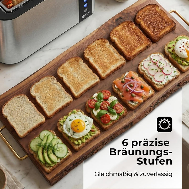 Balter Toaster 4 Scheiben, Langschlitz, Edelstahl, Brötchenaufsatz, LCD Display mit Restzeitanzeige,