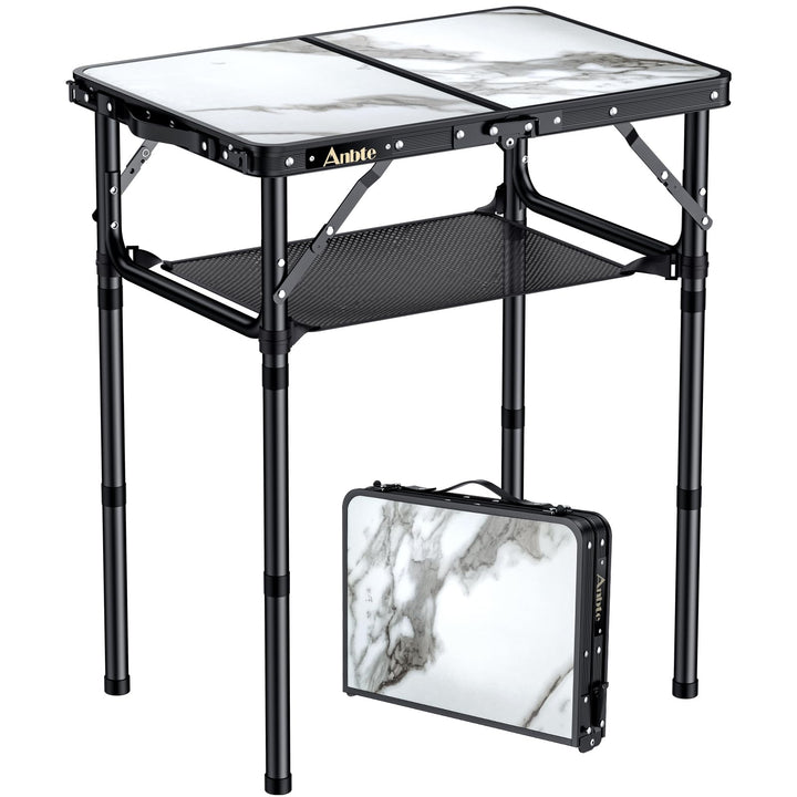 Anbte Campingtisch Tragbar 58x40x70 cm aus Alu, Marmorplatte mit 3 Verstellbare Höhe, Balkontisch Bi