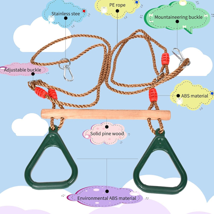 Morwealth Multifunktions Kinderholz Trapeze Schaukel mit Kunststoffringen Turnringe Ringe zum Aufhän