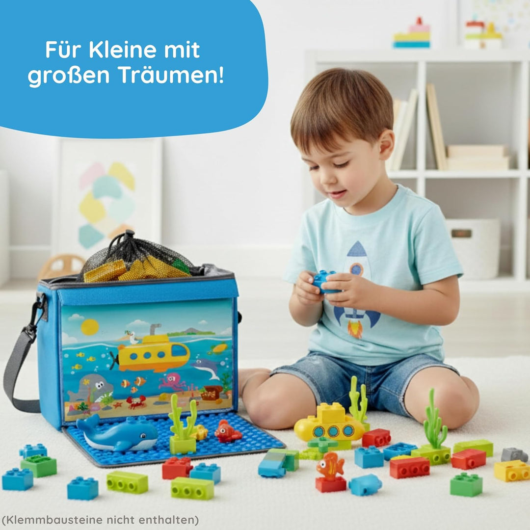 fantifant Baustein-Tasche mit ausklappbarer Bauplatte | meerblau Grösse L I kompatibel mit Lego Dupl