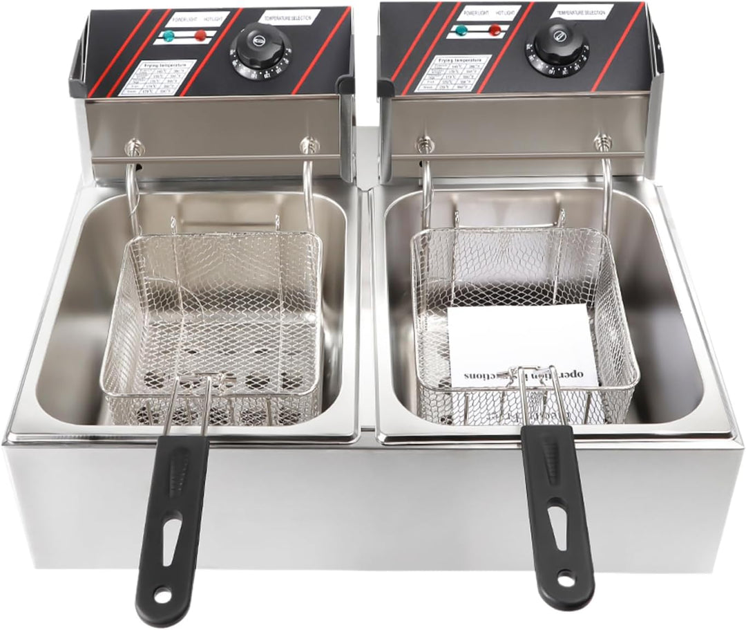 Elektrische Friteuse mit Fett 5000W 6 L Kommerzielle Doppel Fritteusen Gastronomie Edelstahl Kaltzon