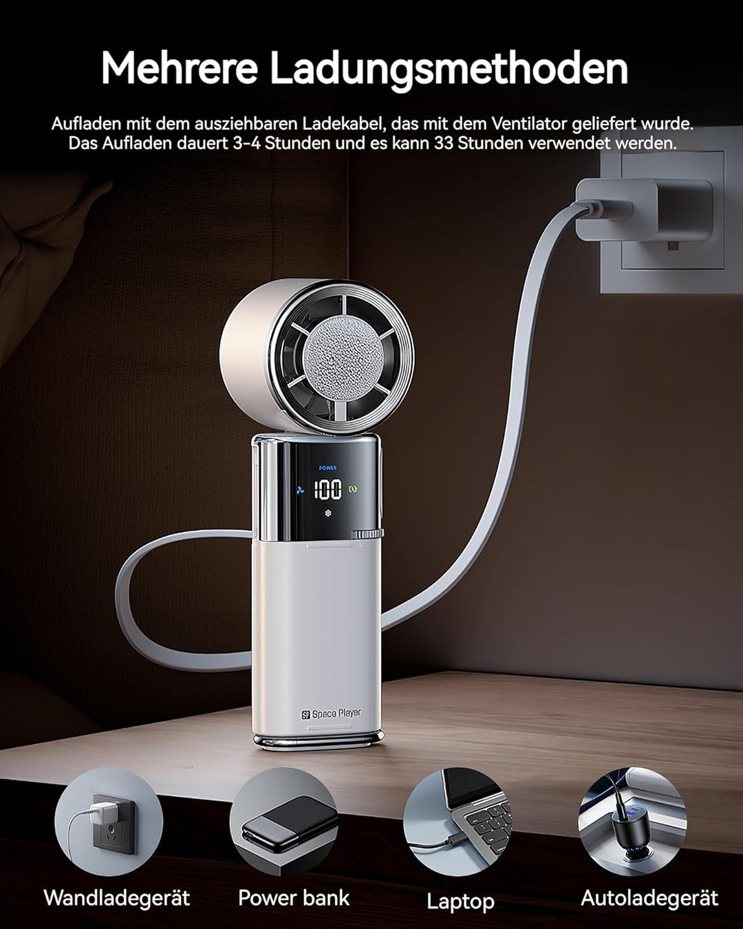Tragbarer Handventilator mit Turbo-Lüfter und Eiskühlung, 9000mAh handventilator akku aufladbar, 100