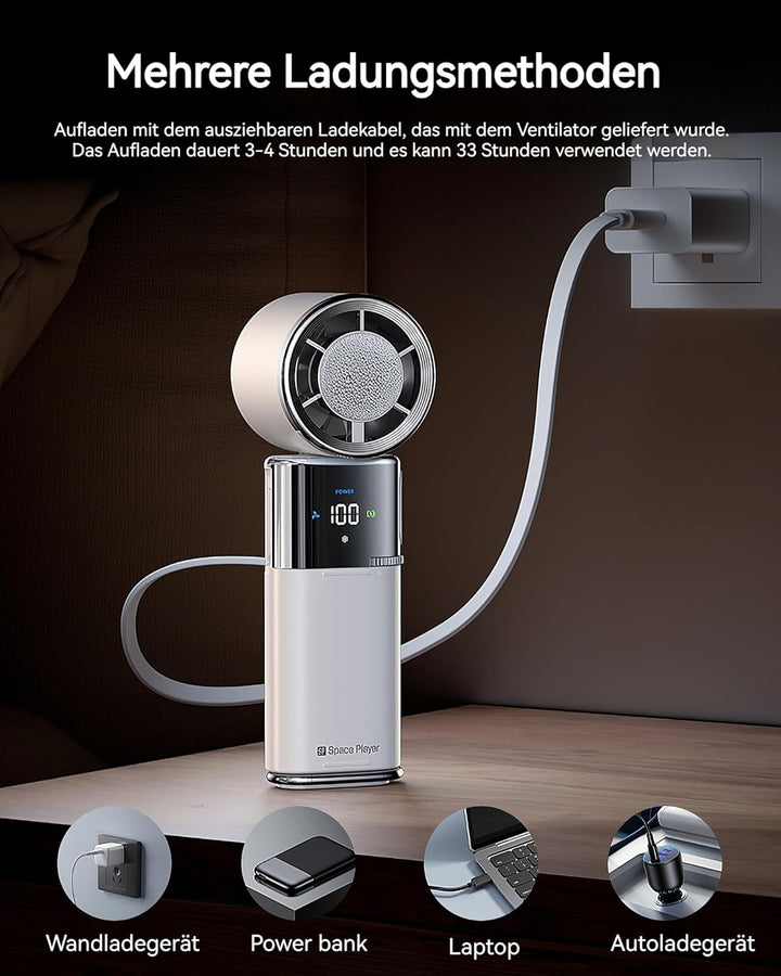 Tragbarer Handventilator mit Turbo-Lüfter und Eiskühlung, 9000mAh handventilator akku aufladbar, 100