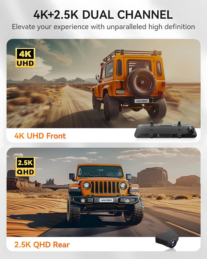 WOLFBOX Dashcam 4K + 2,5K für Rückspiegel: Front- und Rückspiegel Dashcam für Auto mit 12 Zoll Bilds