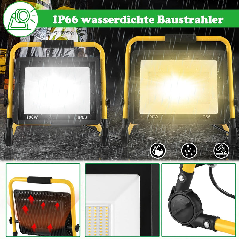 SUBTLETY 200W LED Baustrahler Baustellen Arbeitsstrahler mit 3m Netzkabel & U-Form Stativ Strahler f