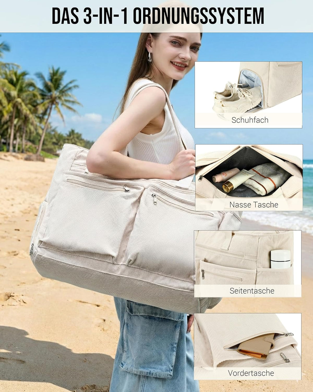 Makukke Grosse Reisetasche Damen Weekender mit Nassfach & Schuhfach, XXL Strandtasche mit Reissversc