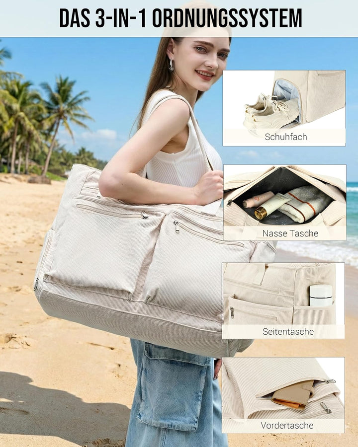 Makukke Grosse Reisetasche Damen Weekender mit Nassfach & Schuhfach, XXL Strandtasche mit Reissversc