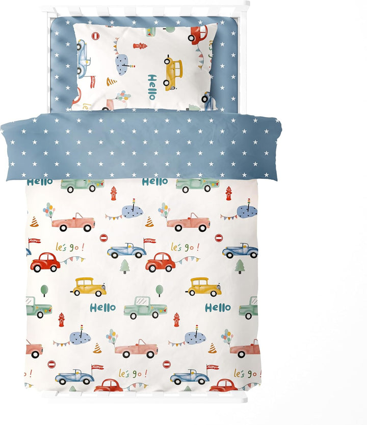 Freyamy Kleinkinder-Bettwäsche-Set 135x200,Cartoon Kinderbettwäsche für Mädchen Jungen,Autos Wendemo