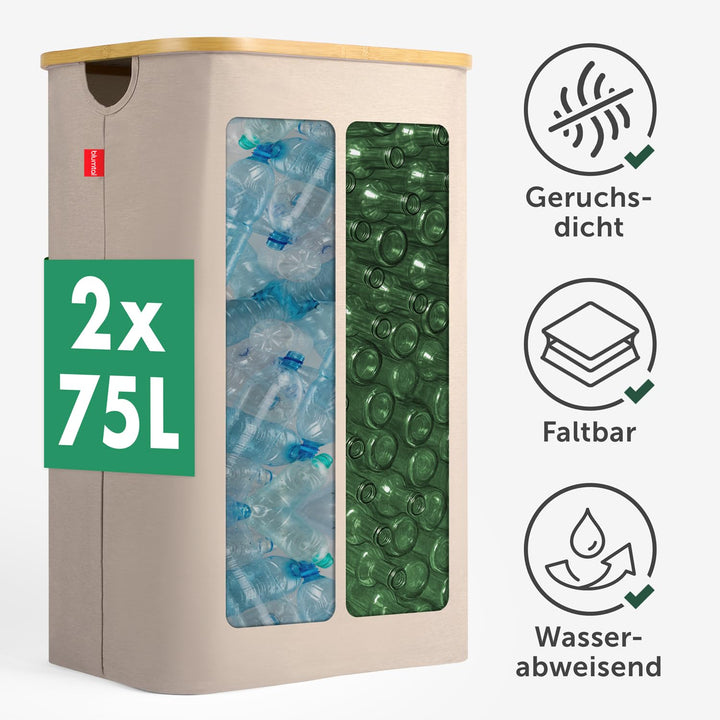 Blumtal Pflandflaschen Sammelbehälter 150L mit 2 Fächern - Bambus Pfandflaschen Organizer mit Flasch