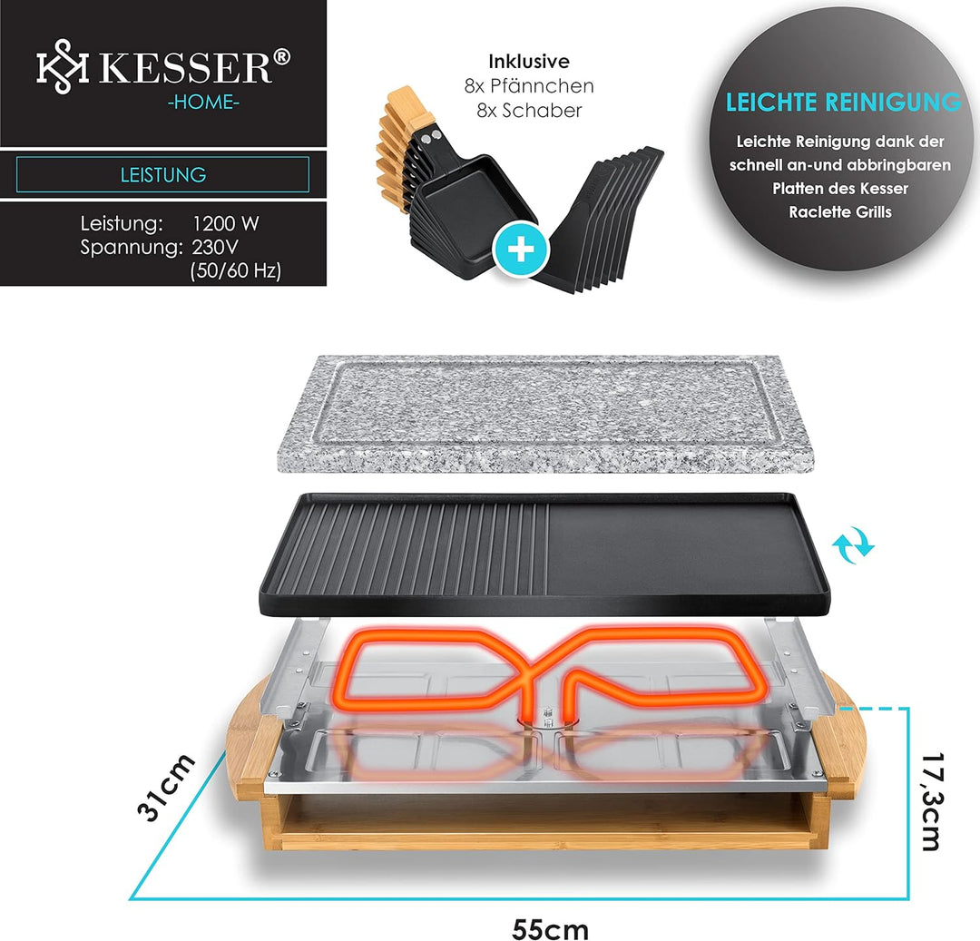 KESSER® Raclette-Grill mit Naturgrillstein, Grillplatte Tischgrill für 8 Personen, Elektrogrill Racl