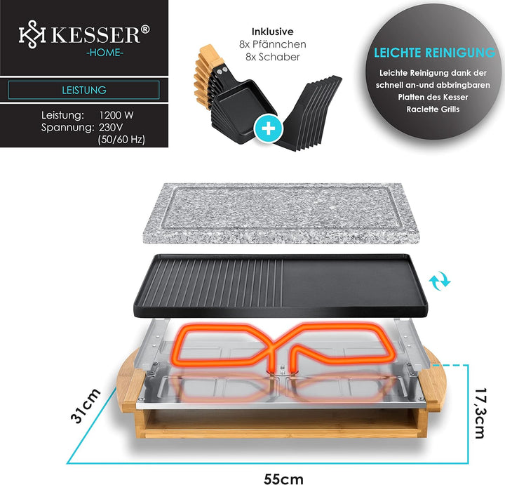 KESSER® Raclette-Grill mit Naturgrillstein, Grillplatte Tischgrill für 8 Personen, Elektrogrill Racl