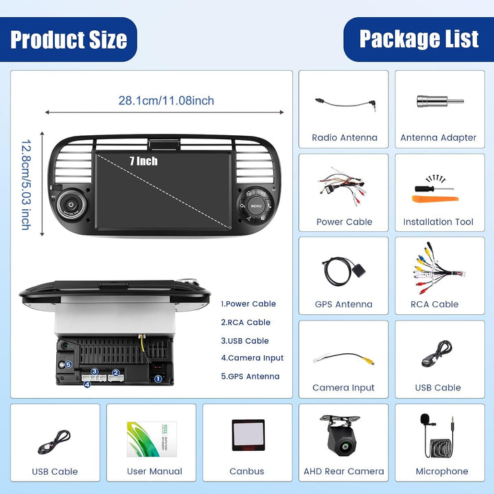 [4G+128G] Inefala Android 15 Autoradio für FIAT 500 2007-2015 mit Wireless Carplay Android, 7 Zoll T