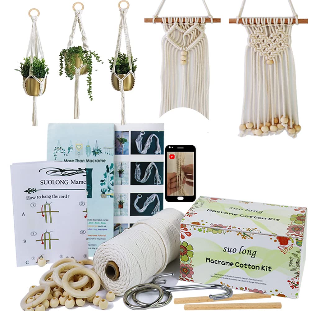 suo long Makramee Set für Anfänger mit Anleitung 3mm Garn mit holzringe und holzperlen Zubehör - für