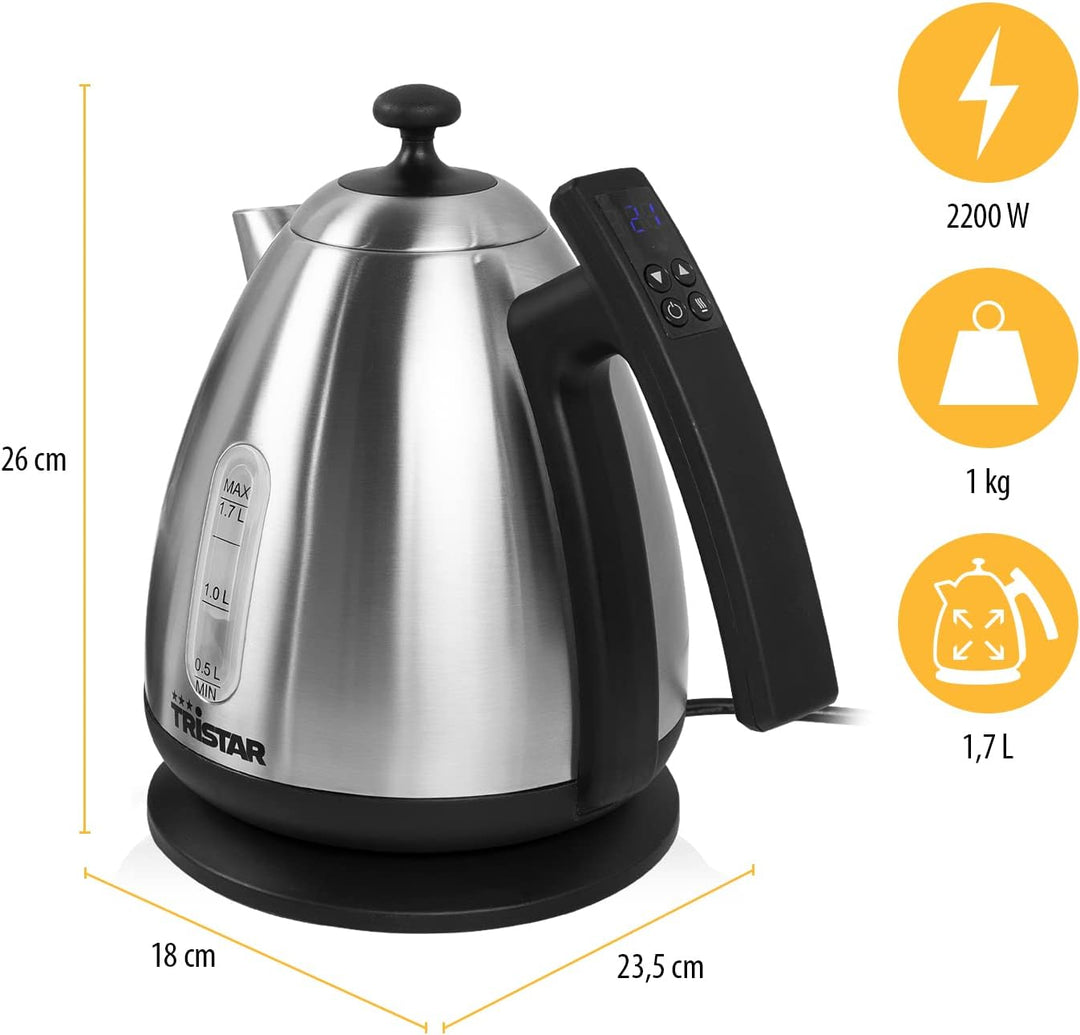 Tristar Wasserkocher - Thermostat, 1,7 L, 2200 W, Digitales Bedienfeld, Wasserstandsanzeige, Warmhal