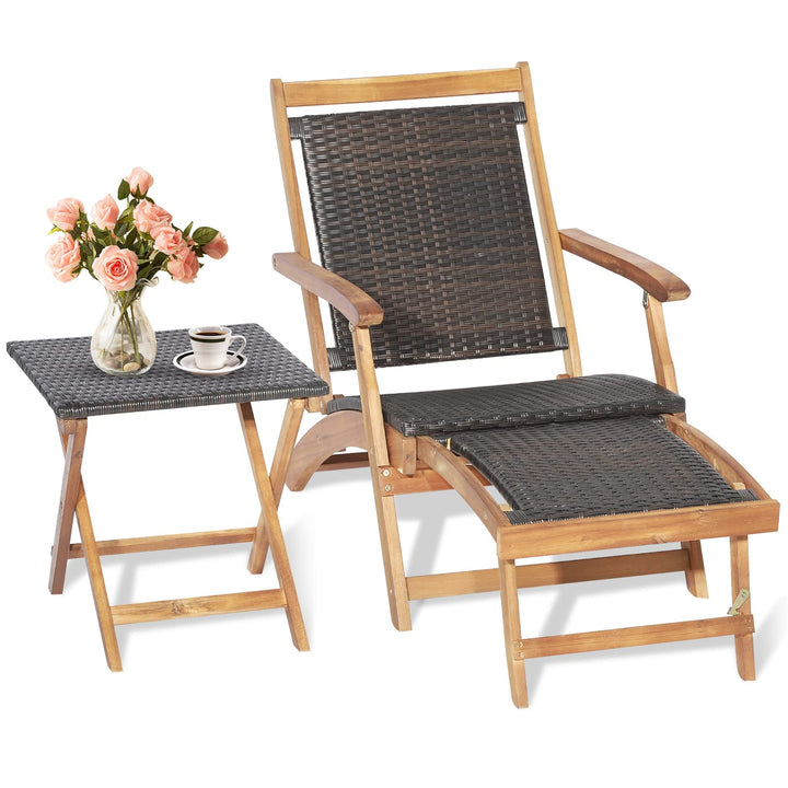 GIANTEX 2 in 1 Sonnenliege Rattan, Holz Liegestuhl Klappbar, Holzliegen Outdoor mit Beistelltisch, A