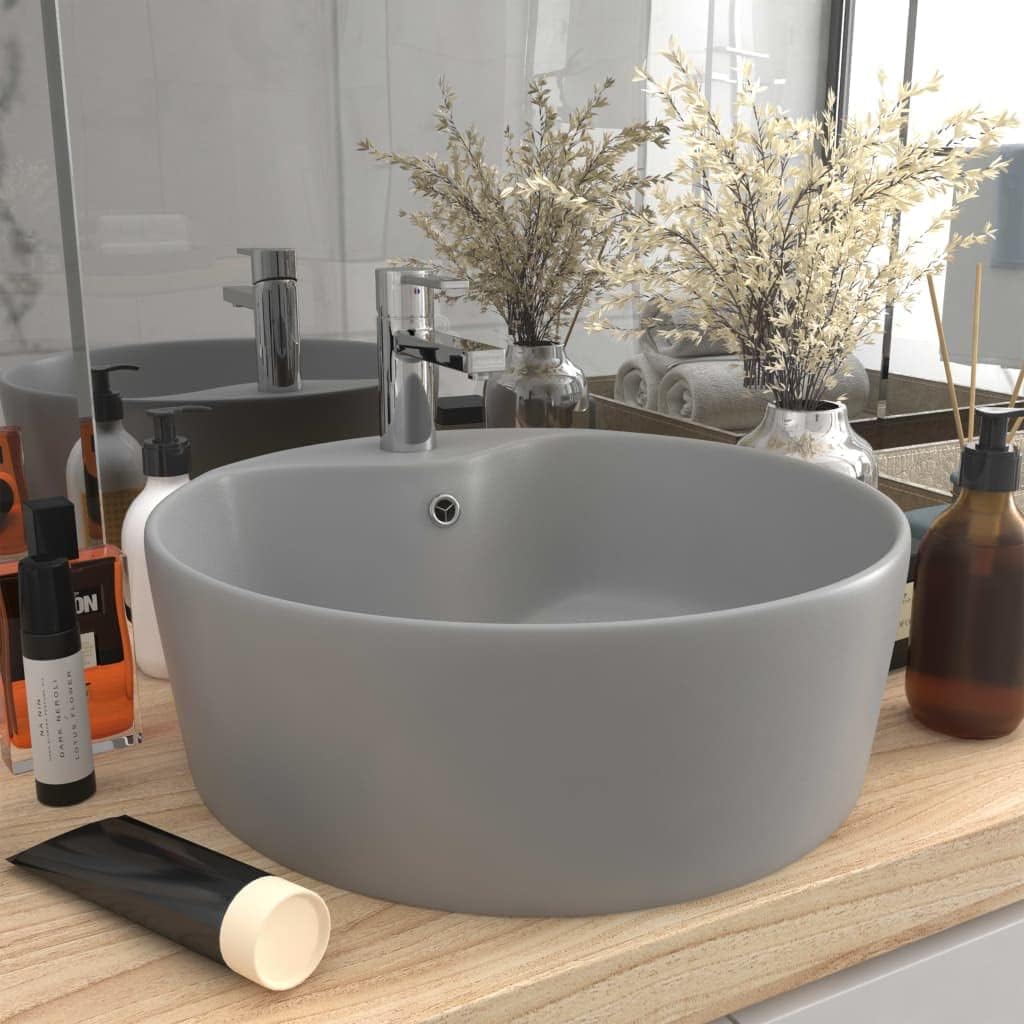 HOMIUSE Luxus-Waschbecken mit üBerlauf Matt Hellgrau 36x13 CM Keramik Waschbecken Waschtisch Aufsatz