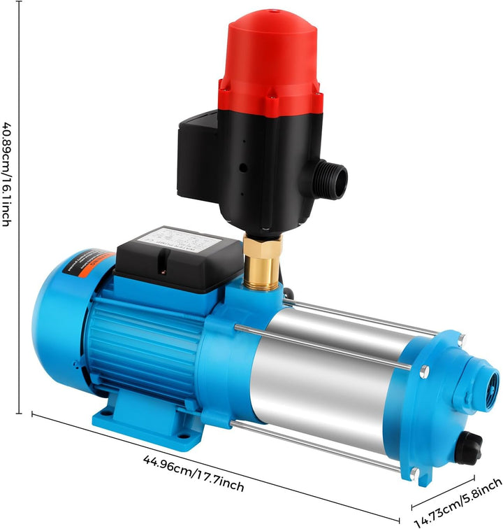 1300W Selbstansaugende Kreiselpumpe, 9,8 bar Edelstahl-Wasserpumpe mit Manometer & Auto-Abschaltung,