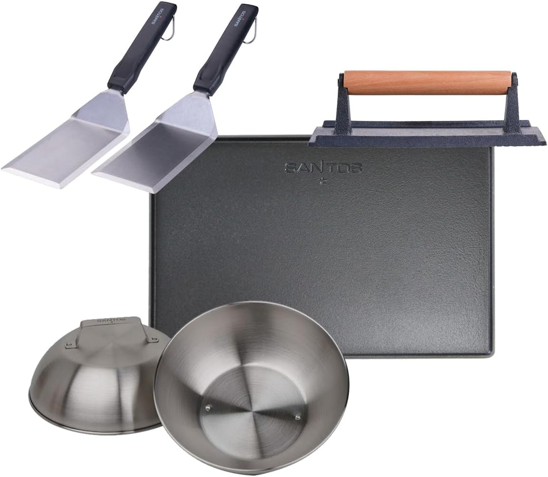 SANTOS Smash Burger Set mit Fleischpresse Schmelzglocken Spachtel Gusseisen Grillplatte BBQ Zubehör