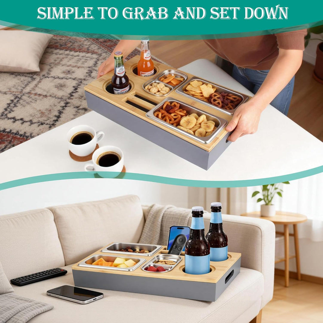Couchbar Snackbox, Sofa Couch Tablett, Praktischer Sofatablett, mit Fächern, Abnehmbarer Deckel,mit