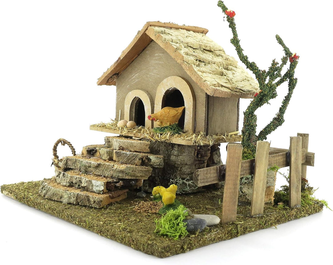 Bertoni Miniatur Hühnerstall mit Hühner und Treppe, Holz, Mehrfarbig, 19 x 15 x 14 cm