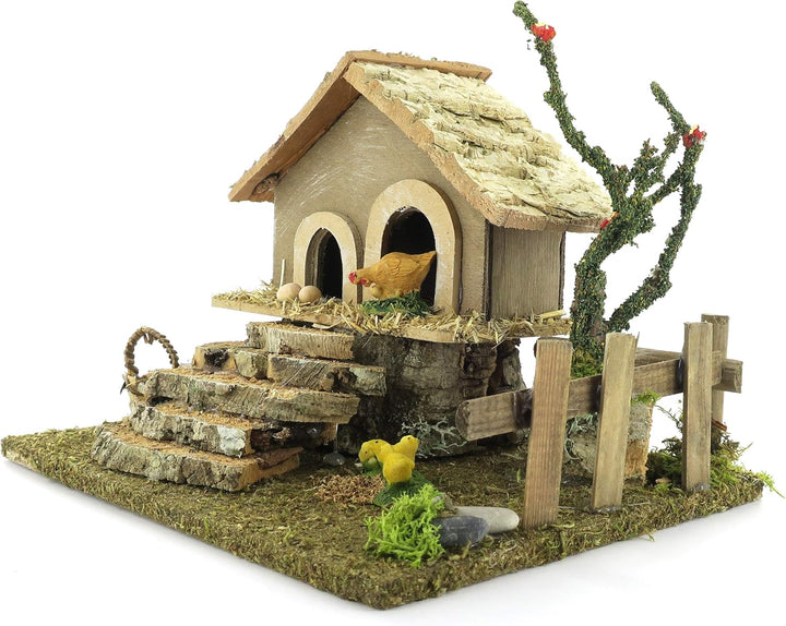 Bertoni Miniatur Hühnerstall mit Hühner und Treppe, Holz, Mehrfarbig, 19 x 15 x 14 cm