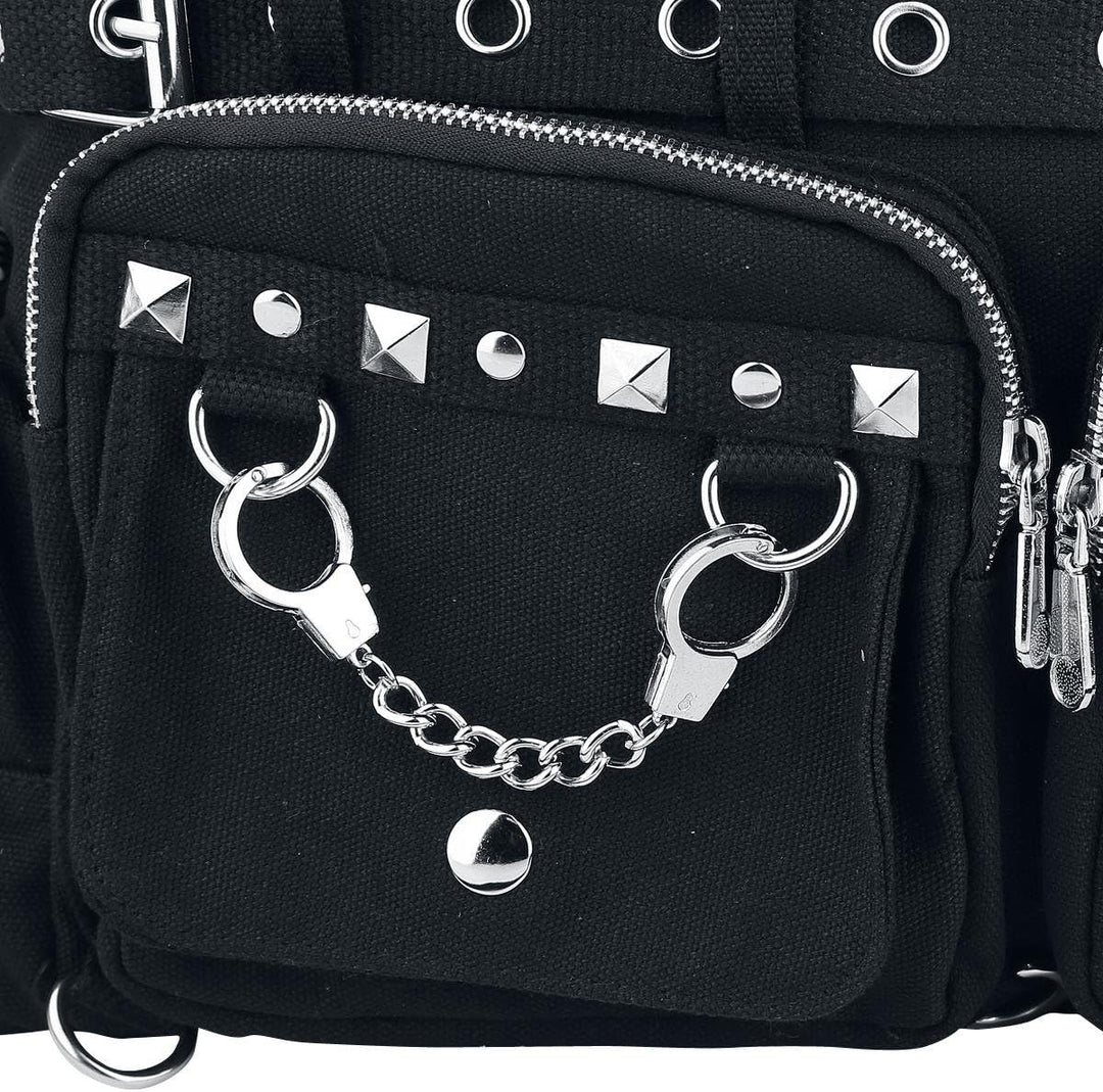 Banned Damen Handtasche mit Handschellen-Details, Rockabilly-Look, Leinwand L Black/Black, L Black/B