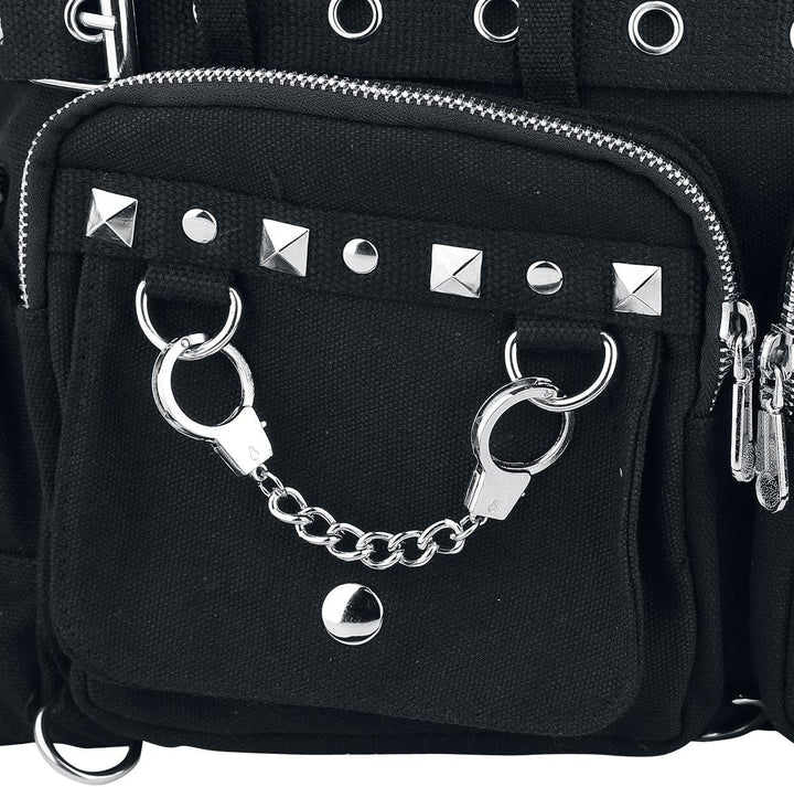 Banned Damen Handtasche mit Handschellen-Details, Rockabilly-Look, Leinwand L Black/Black, L Black/B