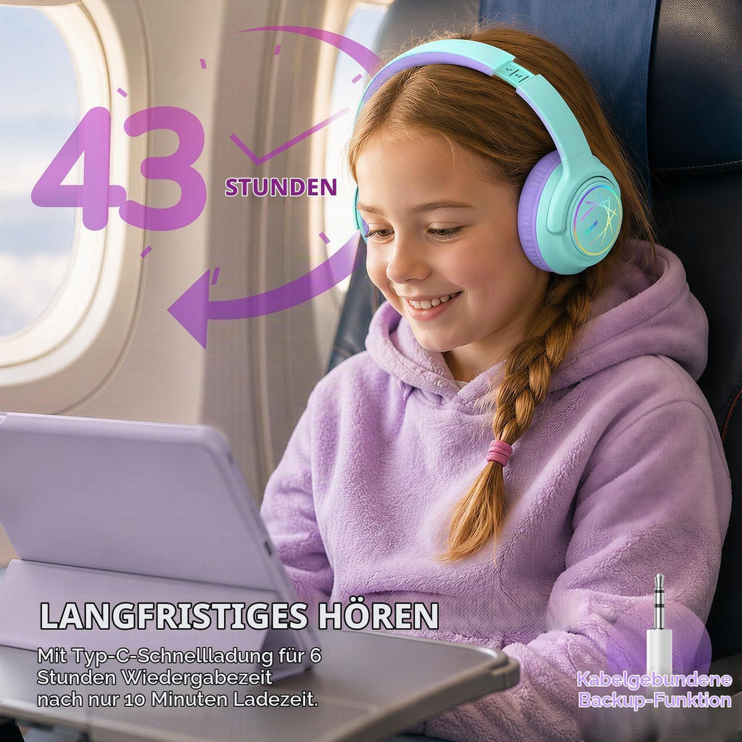 iClever Bluetooth Kopfhörer Kinder mit LED-Leuchten, 74/85dBA Lautstärkebegrenzung, 43 Stunden Spiel