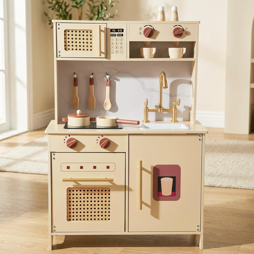 WoodenFun Rosa Retro Kinderküche aus Holz Creme-Beige Spielküche mit Mikrowelle, Backofen, Spüle & Z