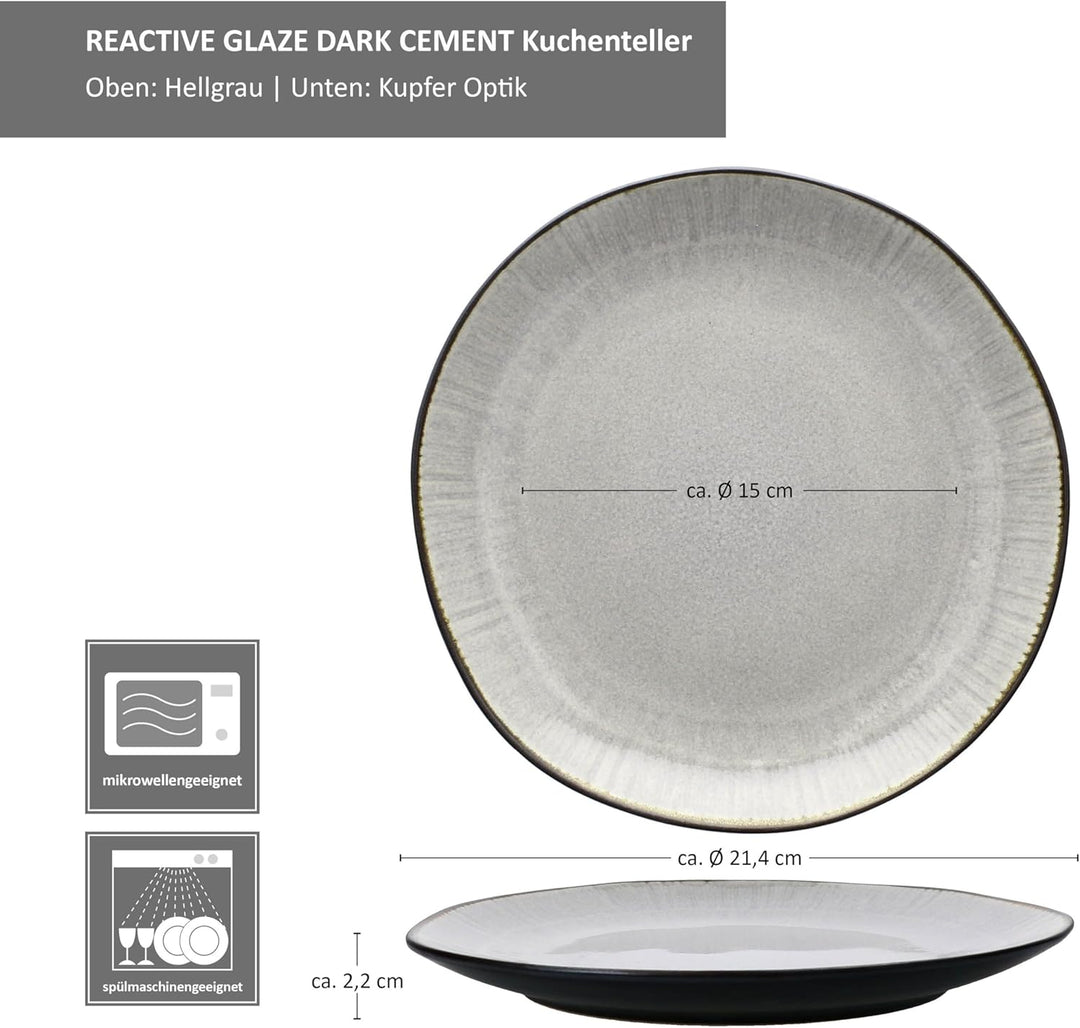 MamboCat 6er Set Reactive Glaze Dark Cement Kuchenteller I handgefertigte Steingut-Frühstücksteller