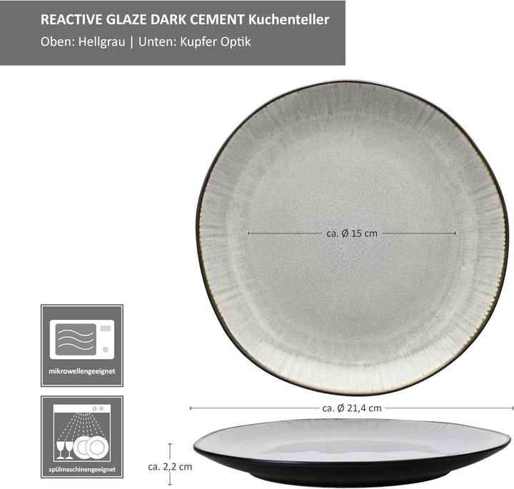 MamboCat 6er Set Reactive Glaze Dark Cement Kuchenteller I handgefertigte Steingut-Frühstücksteller