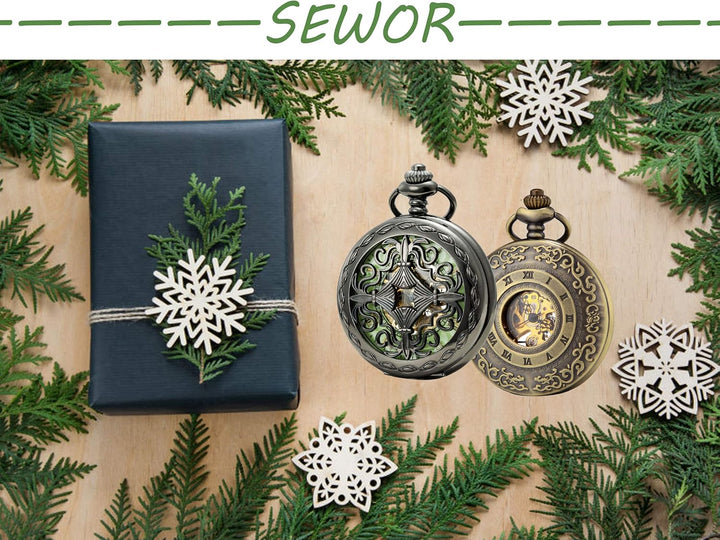 SEWOR Mens Luminous Dial Hand Wind Mechanical Pocket Watch with Brand Leather Gift Box (Stand Up Bla