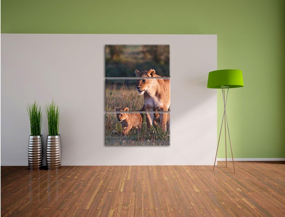 Pixxprint Löwenmutter mit Jungtieren 3-Teiler Leinwandbild 120x80 Bild auf Leinwand