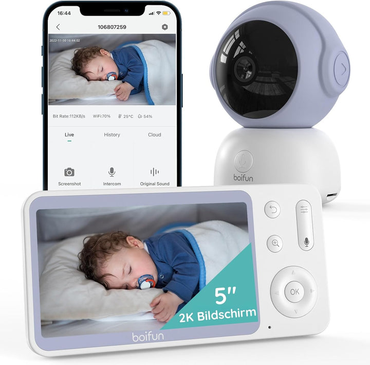 Boifun Babyphone mit Kamera und App, 5" 2K Bildschirm Babyfon, Weinen/Bewegungs/Geräuscherkennung,PT