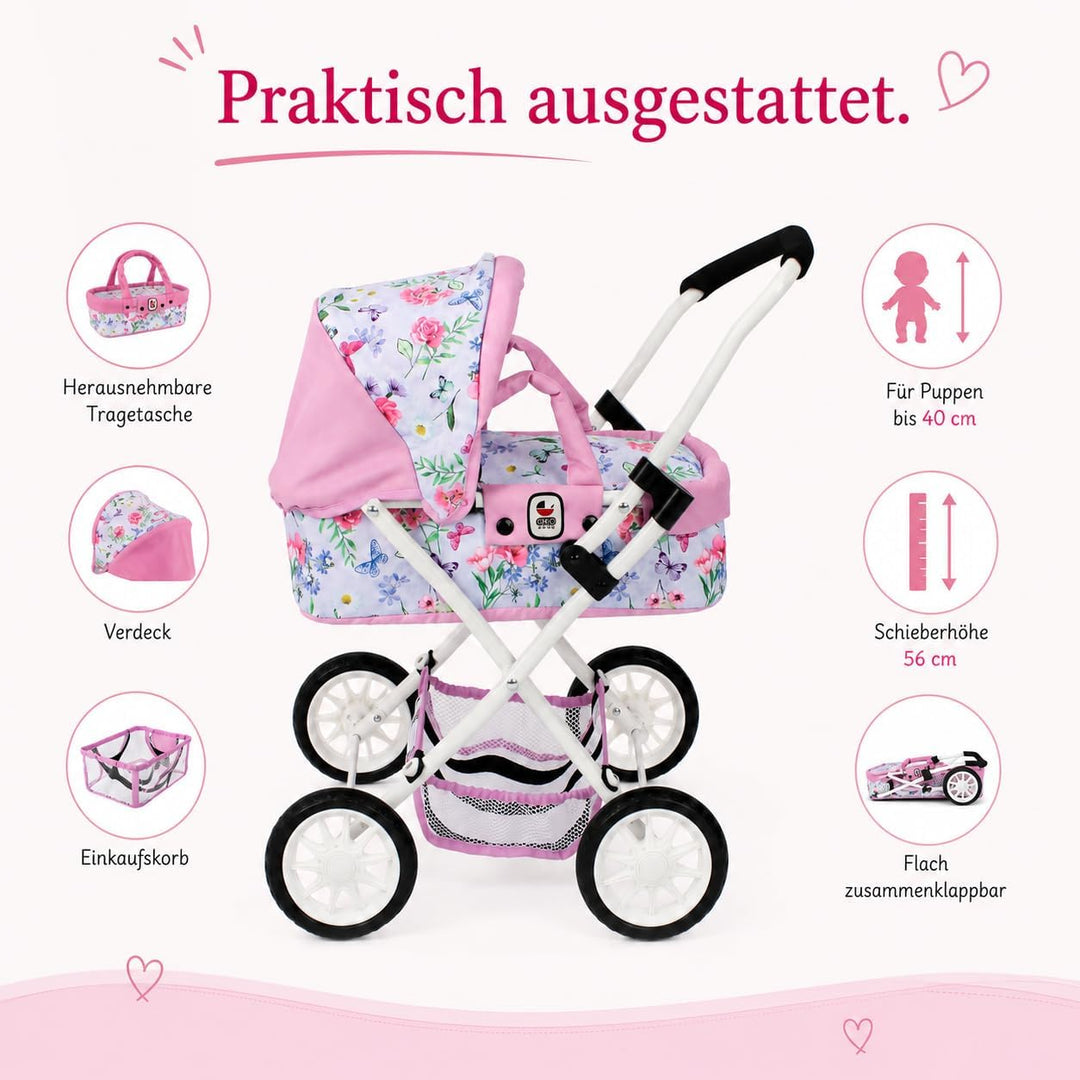 Bayer Chic 2000 - Puppenwagen Smarty, Kleiner Puppenwagen für Kinder ab 2 Jahren, Flowers, rosa, 555
