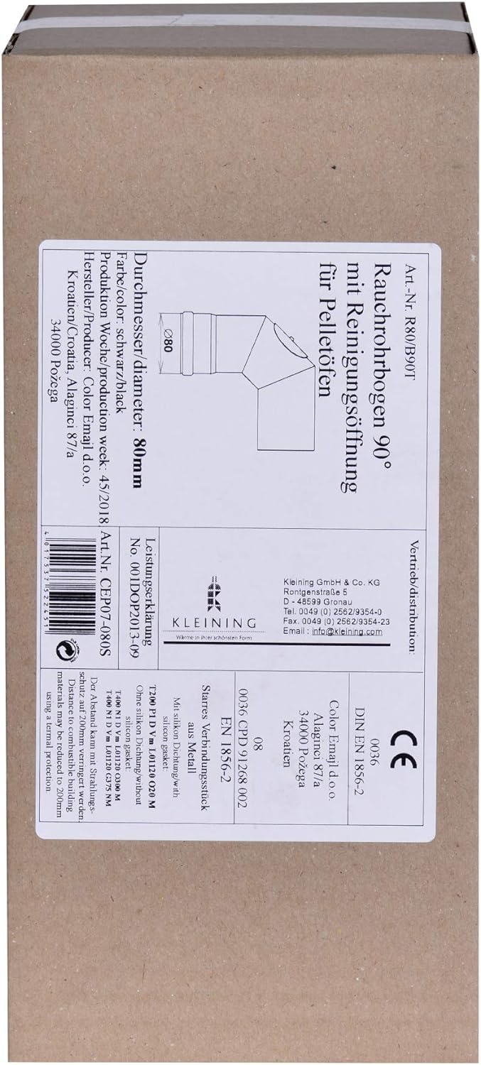 FIREFIX R80/B90T Pelletofenrohr-Bogen aus 1,2 mm starken Stahl in 80 mm Durchmesser, für Pelletöfen