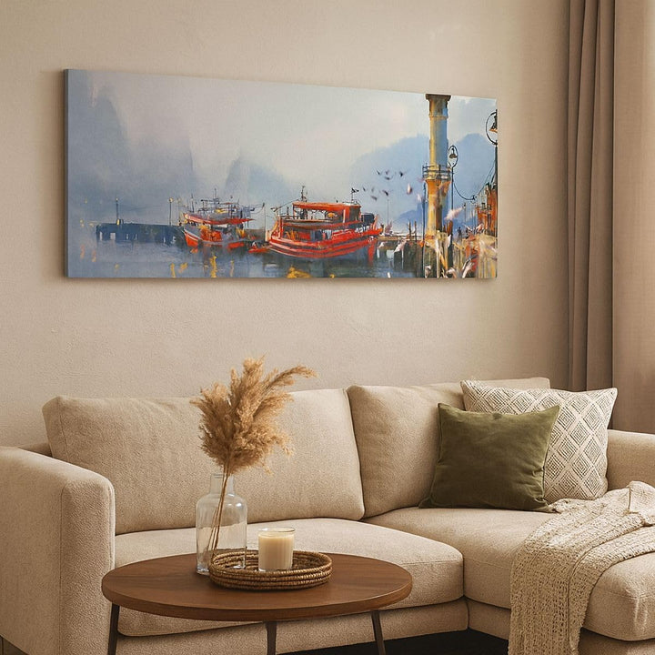 Wandbilder Dekoration Wohnzimmer Hafen Laterne Boot Panorama Bilder auf Leinwand 120x50cm Leinwandbi