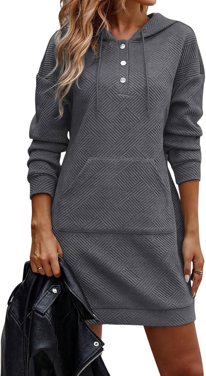 TrendiMax Damen Hoodie Kleid Herbst Übergangs Kapuzenpullover Sweatkleid Textur Knopf Langarm Sweats