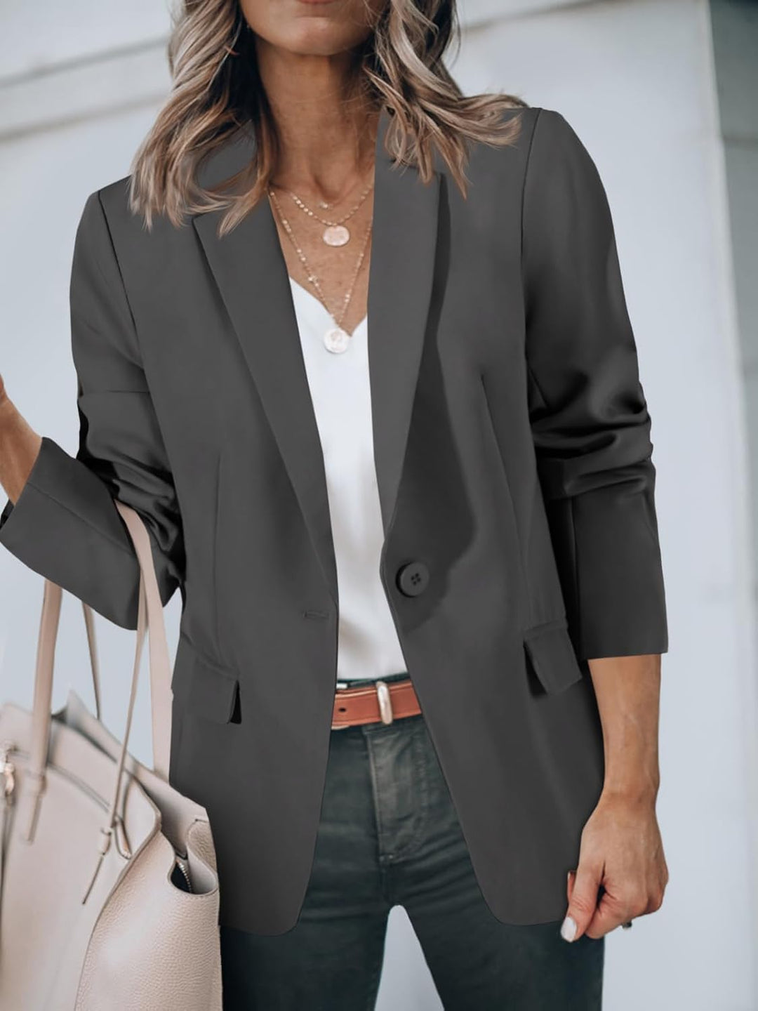 Cicy Bell Damen Langarm Casual Blazer Arbeit Büro Knopf Open Front Jacke Anzug S Black Gray, S Black
