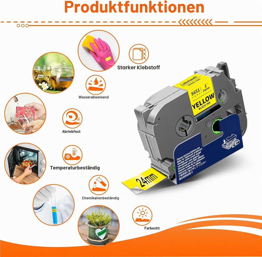 3x Labelwell 24mm kompatibel Schriftband Ersatz für TZ TZe-S651 TZeS651 Schwarz auf Gelb Extra-Stark