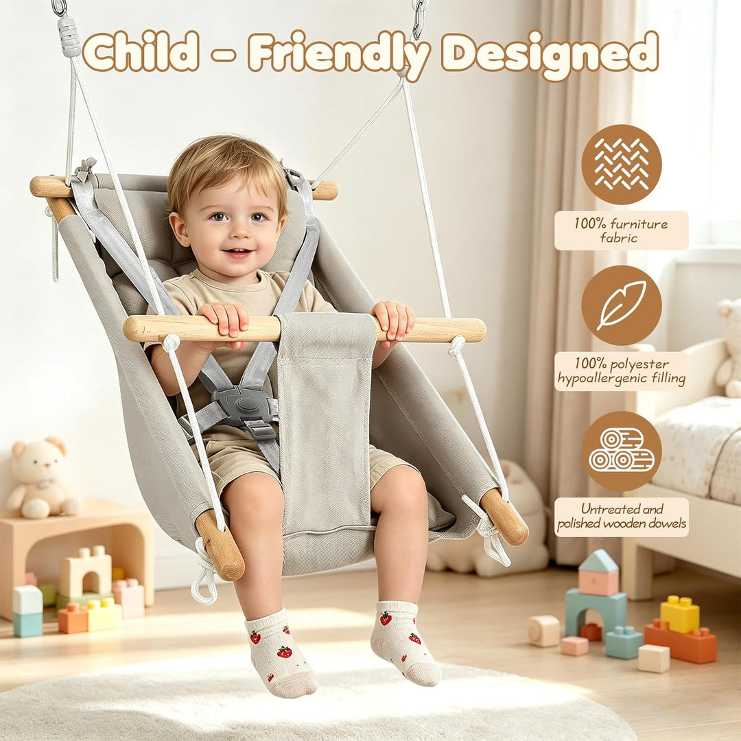 Babyschaukel 3 in 1, Holz-Hängeschaukelsitz mit Sicherheitsgurt und Baumwollkissen, Einstellbar Baby
