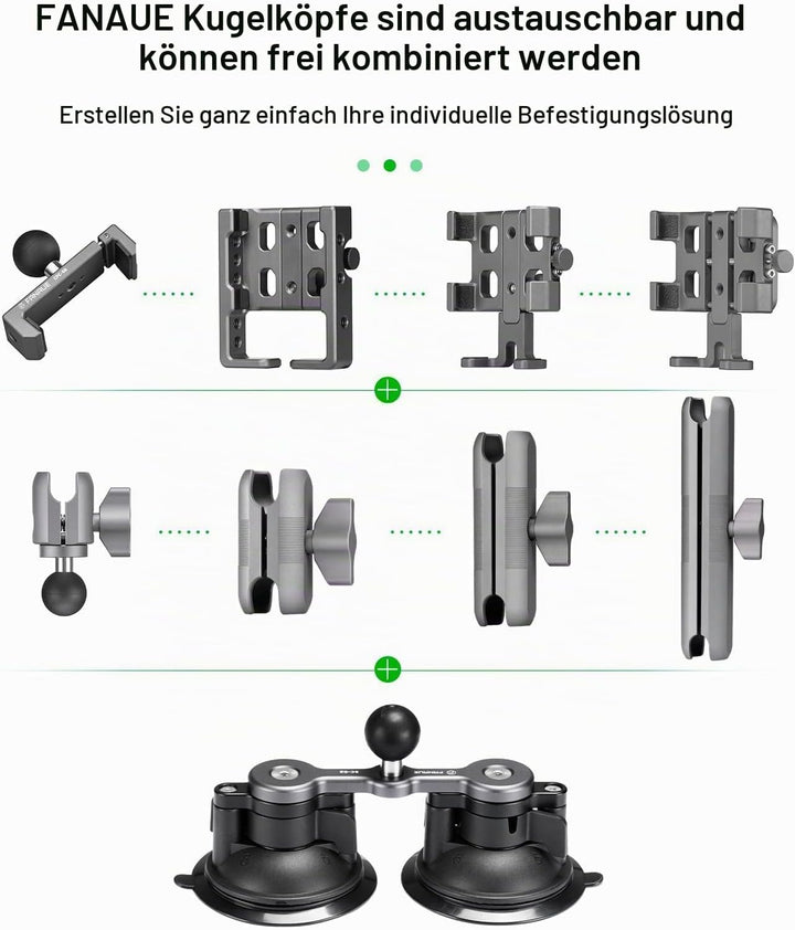 FANAUE Twist Lock Saugnapf Basis mit 1-Zoll-Kugel-Adapter kompatibel mit RAM Mount B Grösse Doppelso