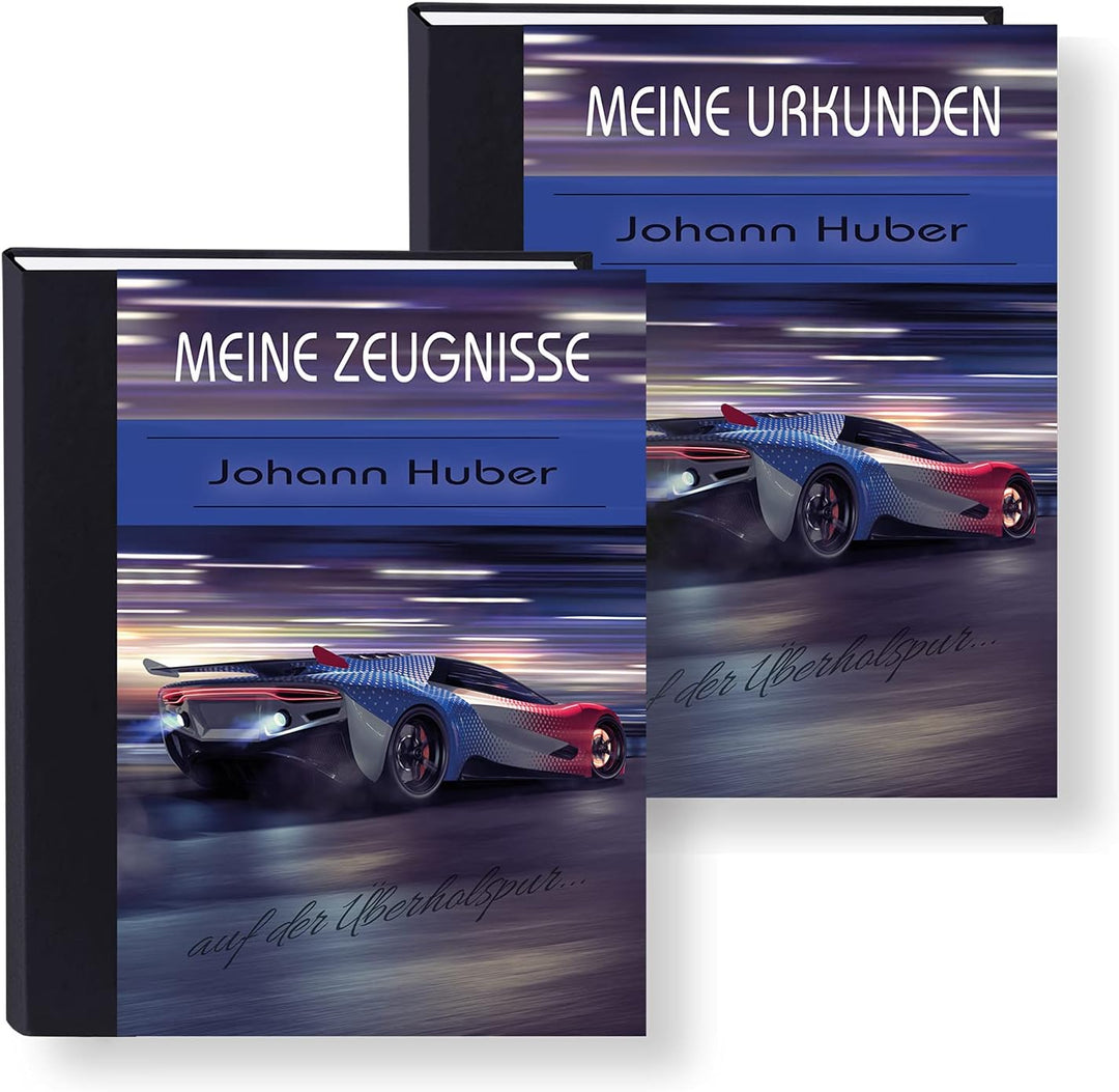 Zeugnismappe personalisiert High Speed A4 ca. 31x24 cm, lila blau, Zeugnisbuch Auto, Urkundenmappe E