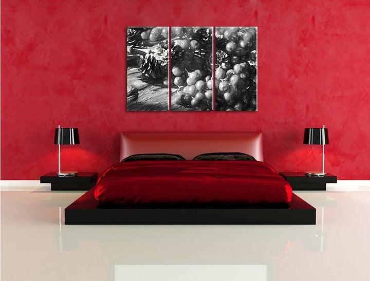 Pixxprint Vogelbeeren und Tannenzapfen Kunst als Leinwandbild/Grösse: 3 Teilig (120x80 cm) cm/Wandbi