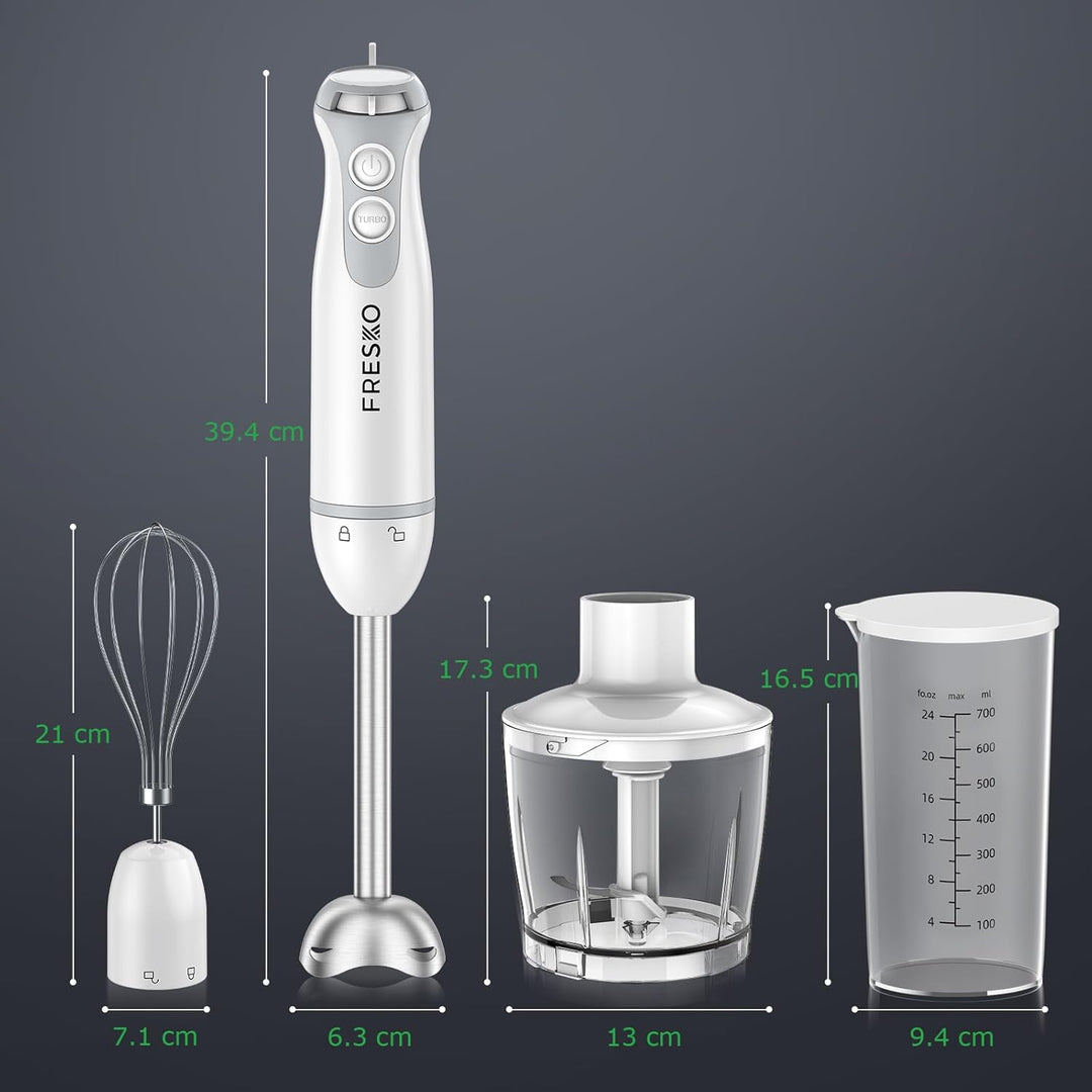 FRESKO 4-in-1 Stabmixer, 1000W Pürierstab Edelstahl, 12 Geschwindigkeiten und Turbo, inkl. 500ml Leb