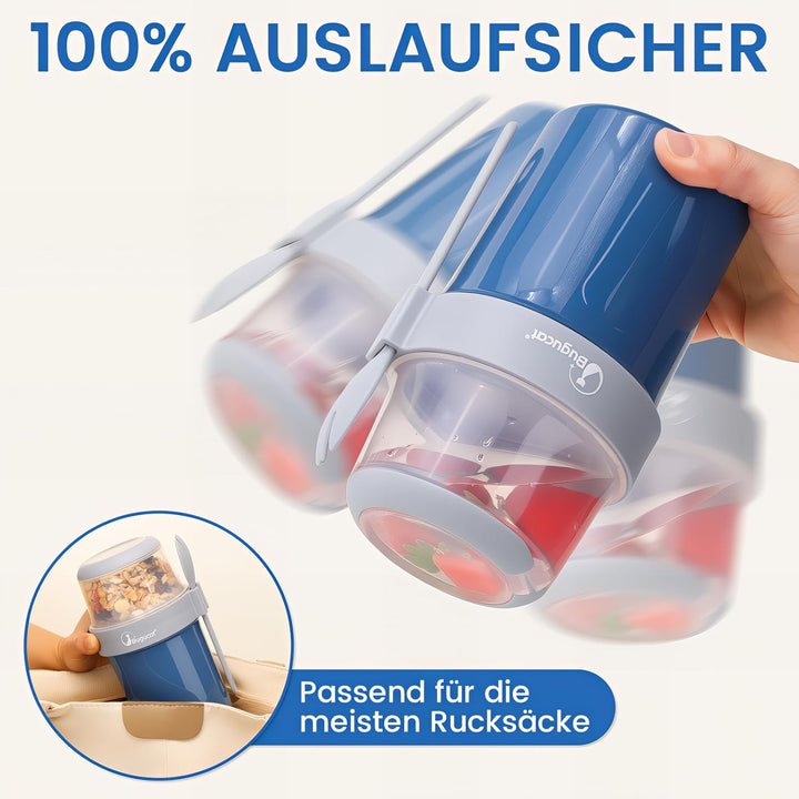 Bugucat 2in1 Müslibecher to Go 560ml+310ml, Praktischer Joghurtbecher & Müslibecher für Picknick 2er