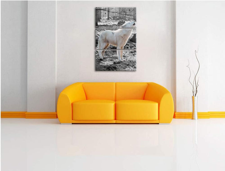 weisser jaulender Wolf im Wald schwarz/weiss 3-Teiler Leinwandbild 120x80 Bild auf Leinwand, XXL rie