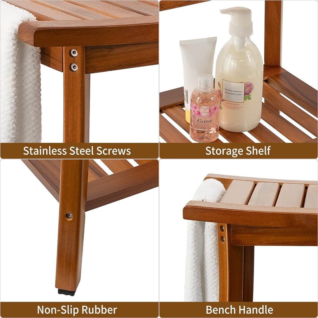 Utoplike Teak Dusche Sitz mit Griffen, tragbare hölzerne Spa Badehocker mit Lagerung Handtuch Regal,